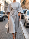 Solid Color Fitted Waist Dress, Casual Batwing Sleeve Long Skirt