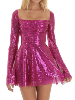 Sequins Bow Tie Long-sleeved Backless Mini&Short Dresses