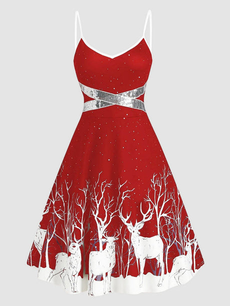Christmas White Deer Print Suspenders Lace Up Large Skirt Midi Dresses
