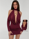 Burgundy Off-shoulder Halter Neck Long-sleeved Short Dress