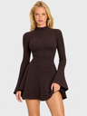 Long-sleeved Solid Color Top, High-neck Fitted A-line Knit Sweater, Short Dress
