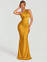 Asymmetrical Shoulder Pleated Satin Solid Color Maxi Dresses