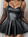 Patent Leather Hollowed-out Halter Neck Backless Mini&Short Dresses