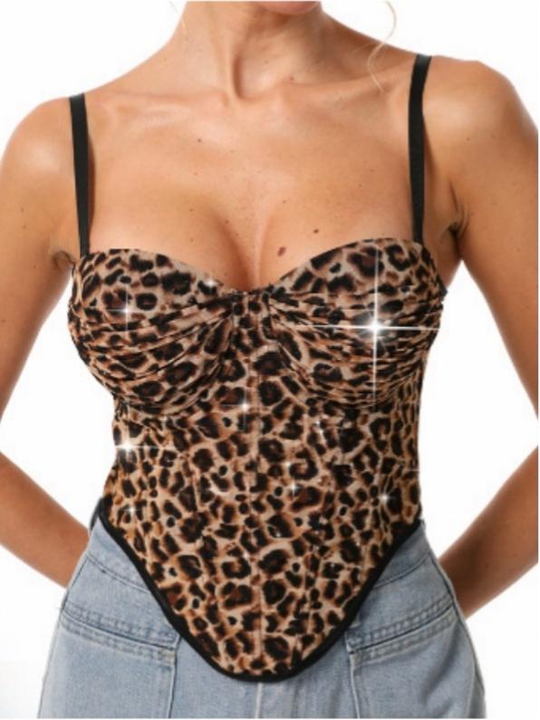 Leopard Print Rhinestone Fishbone Waist-cinching Halter Top