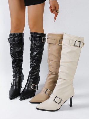 Pleated High-top Pointed-toe Stiletto Heels With Buckle Belt For Women