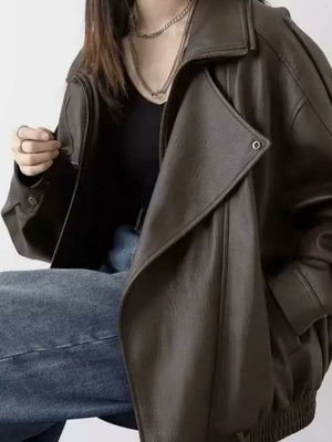 Retro PU Leather Jacket With Asymmetrical Lapel Design