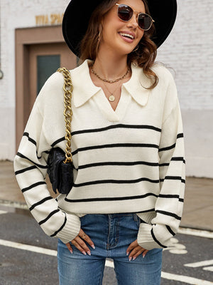 Liber Autumn Women's V-neck Contrasting colors Stripes Jacket Woolen
