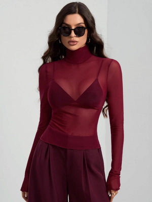 Headband Perspective Turtleneck Slim Fit Party And Nightclub Outfits With Mesh/see-through Tops