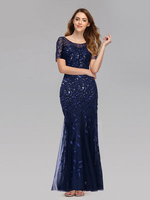 Embroidery Sequins Fishtail Spliced Mesh Formal Dress Maxi Dresses