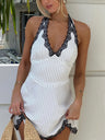 Polka Dots V-neck With Lace Trim Halter Neck And Backless Mini&Short Dresses