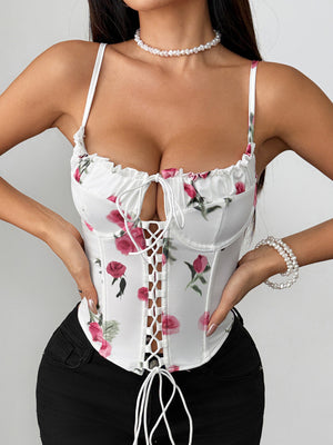 Printed Fish Bones Splicing Lace-up Cutout Bra Camisoles