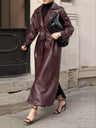 Claret Waist Lace Up Long Leather Jacket