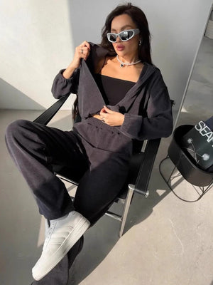 Liber Autumn women's solid color long-sleeved cardigan two-piece suit