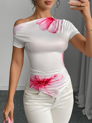 Irregular Hem Floral Print Short-Sleeve T-shirts