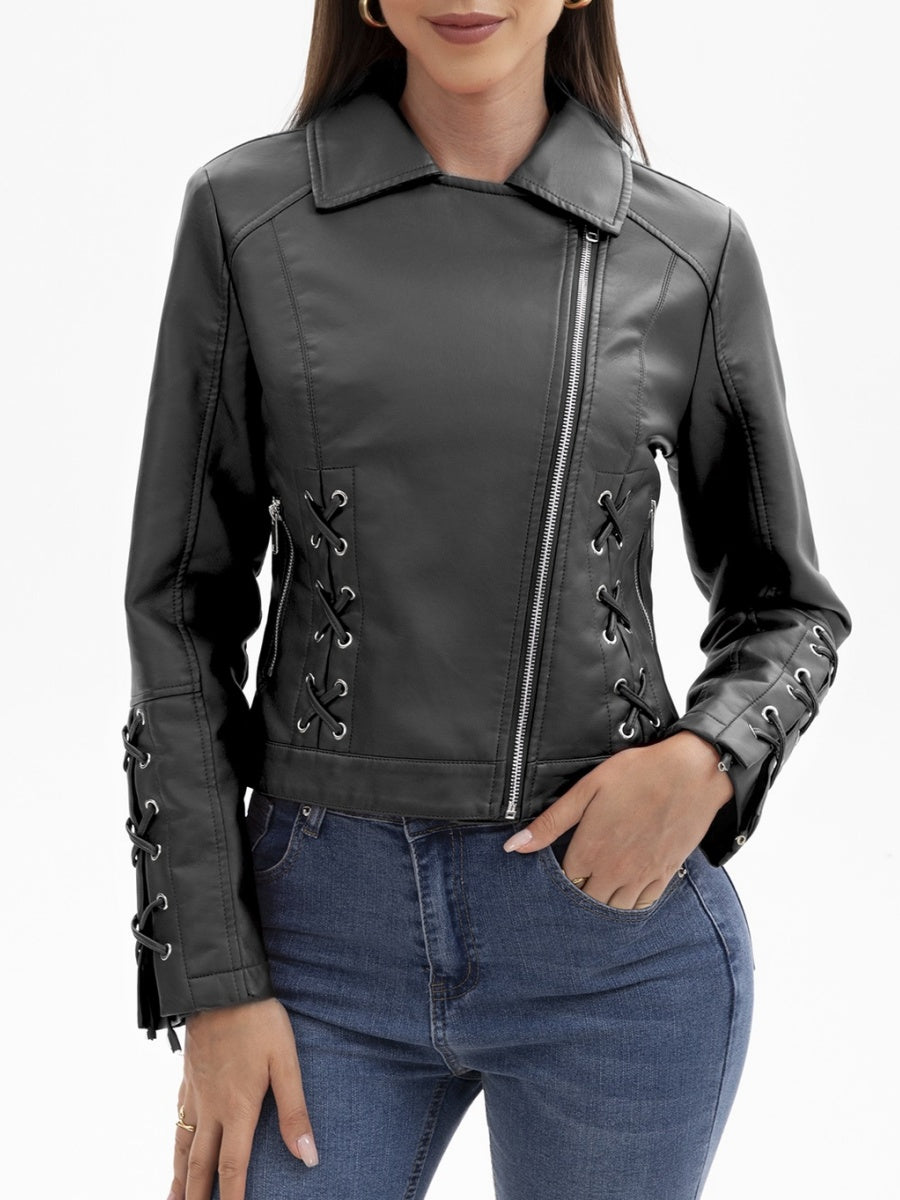 Weaving Bandage Leisure Leather Jacket