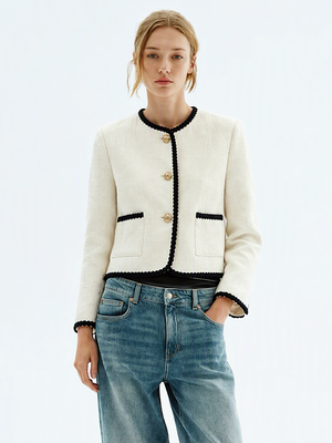 Color-blocked Long-sleeved Split Short Chanel-style Jacket Jackets
