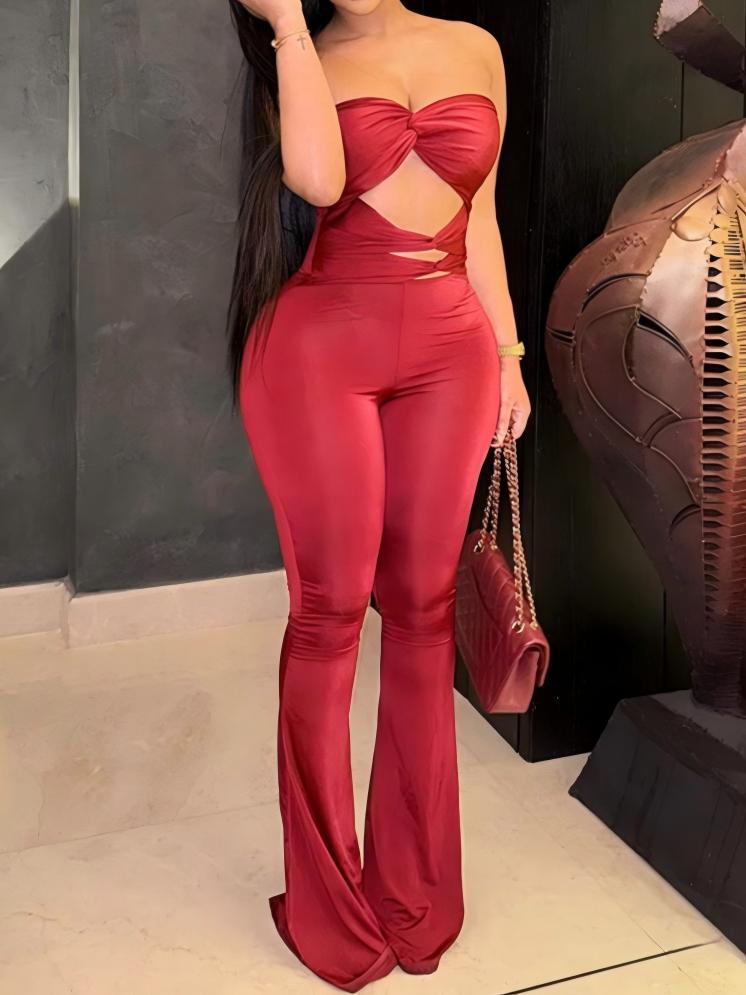Strapless Sleeveless Fitted Open Backless Twist Jumpsuit