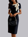 Crew Neck Bow Contrasting Colors Slim Fit Banquet Formal Dress For The Workplace Midi Dresses