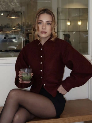 Stand Collar Buttoned Fashionable Short Long-sleeved Jacket Suit Coat