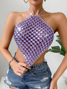Diamond-studded Openwork Chain Splicing Halter Neck And Backless Tank Tops&Camis