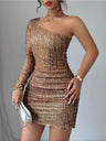 Sloping Shoulders Sequins Long Sleeves Hip Wrap Mini&Short Dresses
