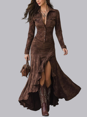 Zippered Lapel Pocket Waist Large Skirt Maxi Dresses