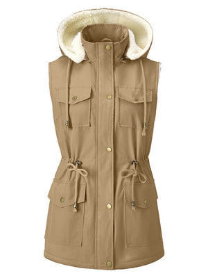 Vest-style Hooded Vests Imitation Lambskin Multi-pocket Sleeveless Workwear Jacket/windbreaker