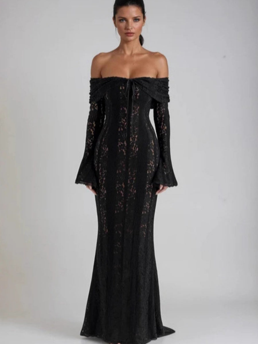 【EXPÉDITION NORMALE】Robes maxi moulantes en dentelle ajourée, épaules dénudées et manches évasées