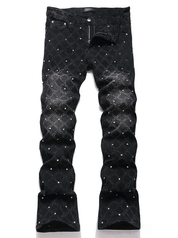 Punk Black Slim Stretch Orange Embroidery Flared Jeans