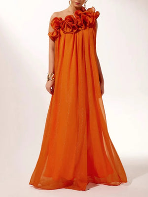 3D Floral Pleats Off-shoulder And Backless Maxi Dresses