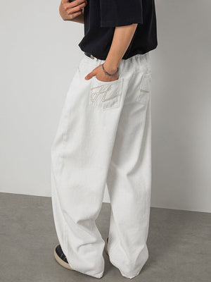 【EXPÉDITION NORMALE】Jean blanc coupe droite à broderies color-block