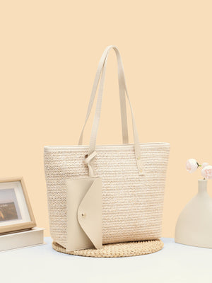 Solid Color Straw Woven Vacation Tote Bag