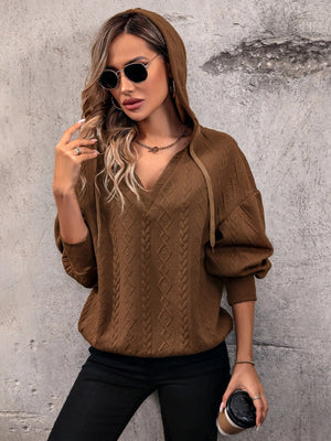 Textured Pullover Fabric Knitting Hooded V-neck Leisure Workplace Sweatshirts&Hoodies