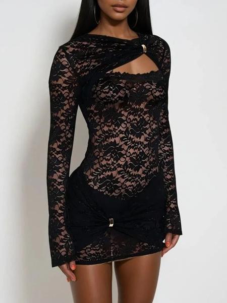 Sexy Hollowed-out Waist-cinching Lace Long-sleeved Short Dress