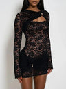 Sexy Hollowed-out Waist-cinching Lace Long-sleeved Short Dress