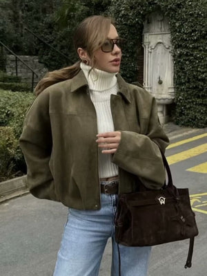 Batwing sleeve olive green Zip-up jacket