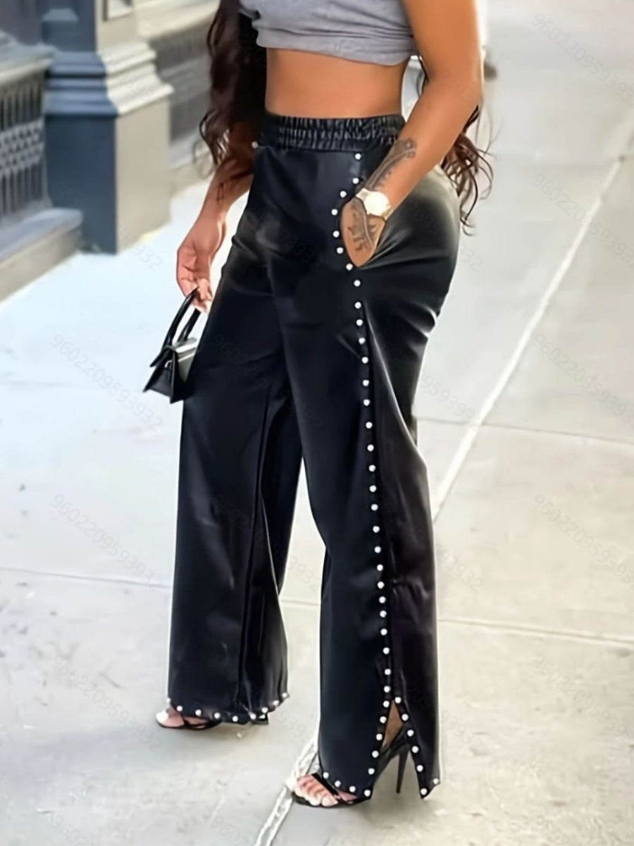 PU Leather Hair Removal Pocket Beading Pants
