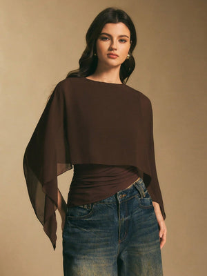 Cape-sleeve T-shirt, Round Neck, Loose Chiffon Cover-up, Elegant Irregular Top/T-shirt