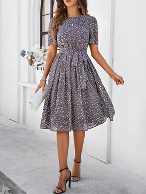 Polka Dots Crew Neck Waist Tie Short Sleeves Maxi Dresses