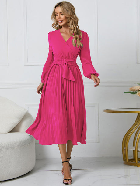 Pleated Skirt V-neck Tie Maxi Dresses