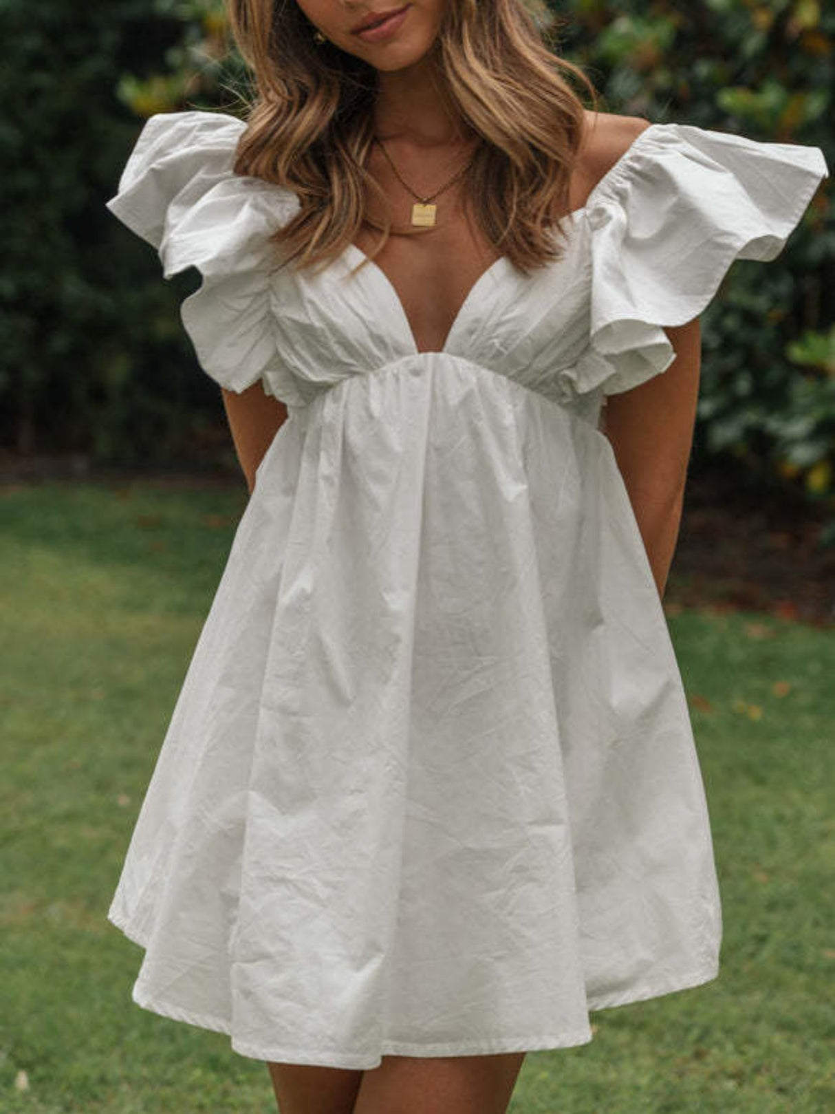 Lotus Leaf Sleeves V-neck High Waist Mini&Short Dresses