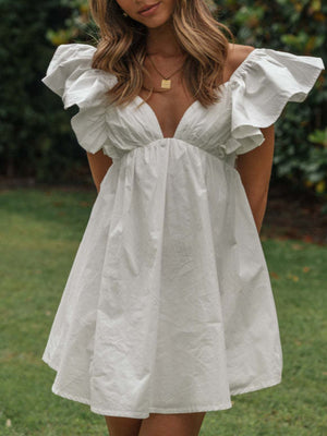Lotus Leaf Sleeves V-neck High Waist Mini&Short Dresses