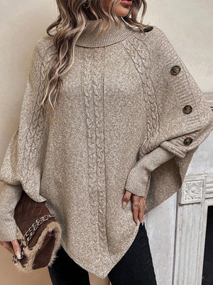 Khaki Cable Knit Turtleneck Buttons Batwing Sleeves Shawl Jacket