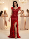 Feather Splicing Sequined V-neck Backless Evening Gown High-slit Suspenders Maxi Dresses