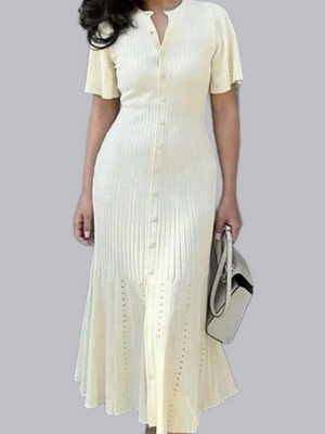 Short Sleeve Buttons Slit Knitting High Waist Workplace Maxi Dresses