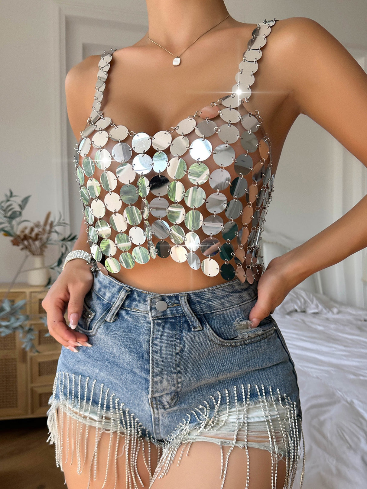 Sequined Backless Sexy And Shiny Tank Tops&Camis