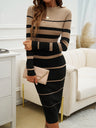 Striped Color-blocked Long-sleeved Bodycon Sweater Midi Dress