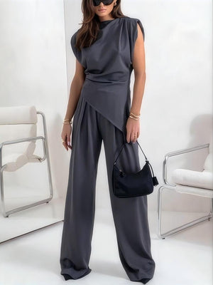 Ensembles 2 pièces : débardeur asymétrique sans manches et pantalon froncé
