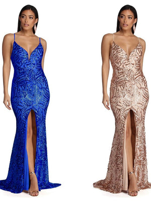 Liber Autumn women's sequins V-neck High front slit suspender long dress