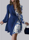 Printed Splicing Lapel Lace Up Waist Short Suit Dress